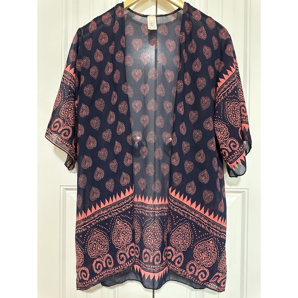 Women's Cover Up M Sheer Kimono Top Geometric Blue Pink Casual Beach Boho Chic